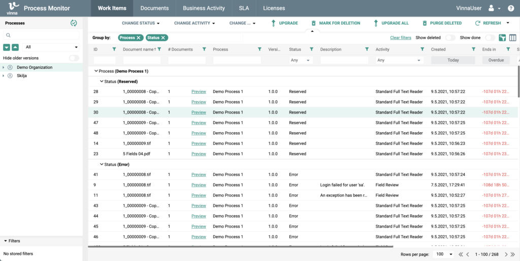 Vinna 3.0 Process Monitor with grouped work item list.